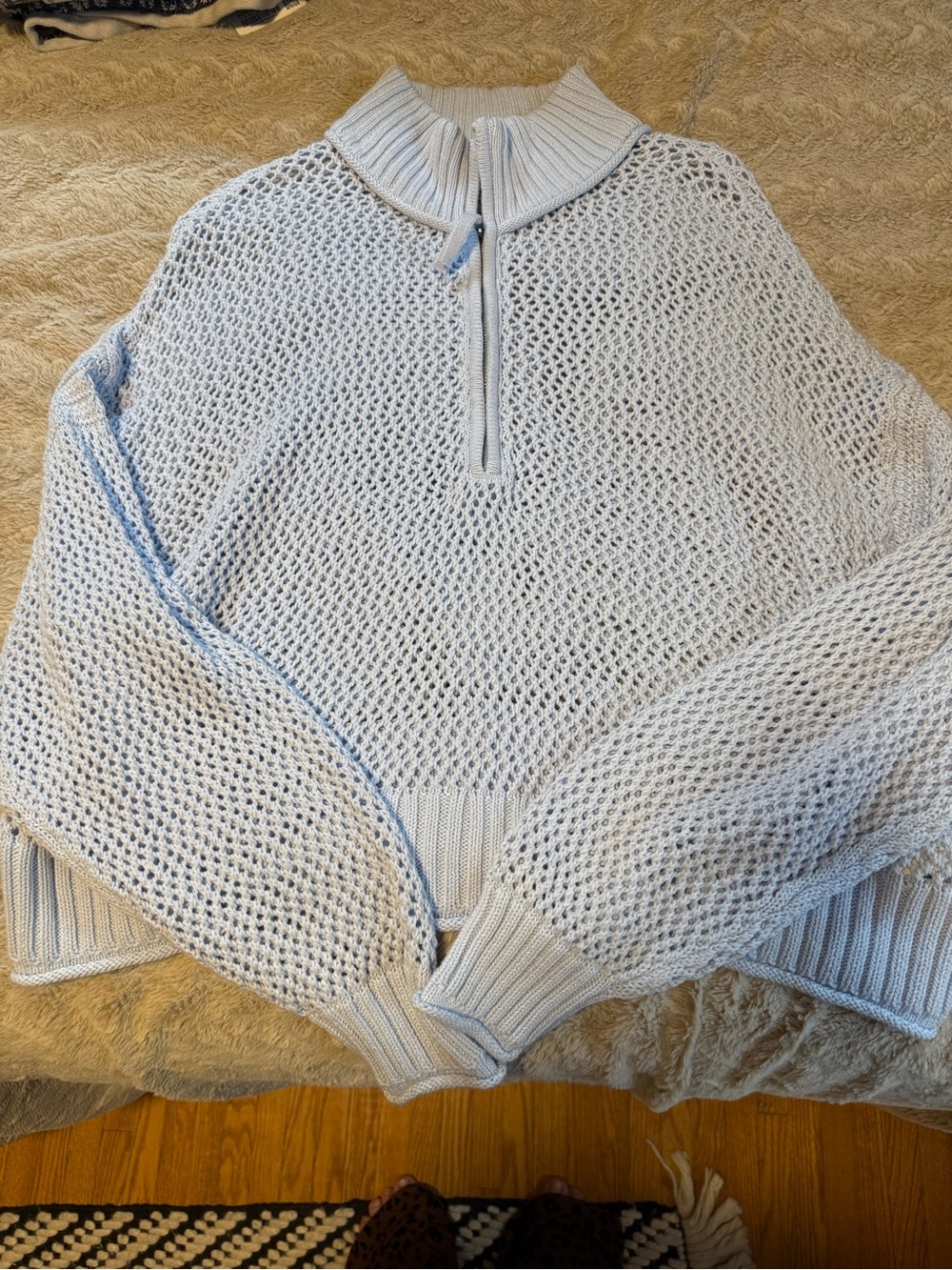 aerie Light Blue Open-Knit Half-Zip Pullover Sweater